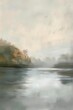 Gemälde einer Landschaft mit See und Bäumen in Erdtönen, verträumte Stimmung, Nebel und diffuses Licht, sanfte Farben	
