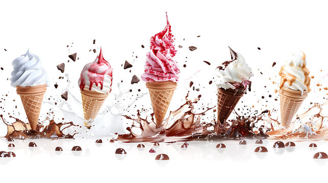 Collection of delicious ice cream explosions on white background