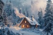 A cozy cabin nestled in a snow-covered forest, smoke curling from its chimney into a frosty sky.