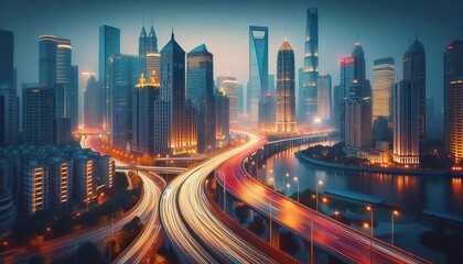 long exposure photo of city at night with blurred streaks of light from cars trailing down highway