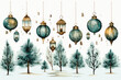 Watercolor Christmas pine trees and garlands illustrations set
