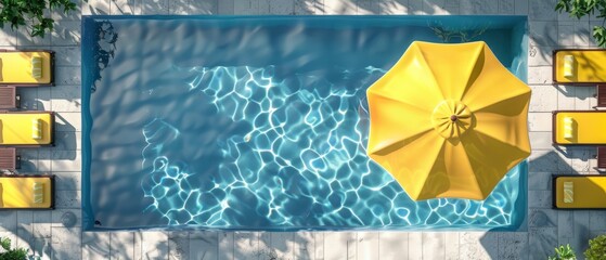 Wall Mural - Three dimensional rendering of a swimming pool from above with yellow beach umbrellas and chairs. Summer vacation concept.