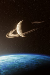 Wall Mural - view of a ringed planet in space above the horizon of a blue planet seen in the foreground. fantasy 
