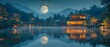 Tranquil Moonrise over Serene Japanese Landscape. Concept Nature Photography, Moonrise, Japanese Landscape, Tranquility, Serenity
