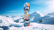 A close-up of a snowboard and bindings covered in fresh snow, with the board's vibrant design standing out against the white landscape.