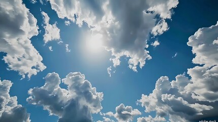 Sticker - Bright Sun Peeking Through Fluffy Clouds in a Blue Sky. Serene Nature Background for Calm Themes. Ideal for Relaxation and Meditation Content. AI