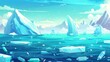 A modern illustration of glaciers, plastic garbage, and iceberg melting in an Arctic landscape. Concept of climate change, global warning, and ocean pollution.