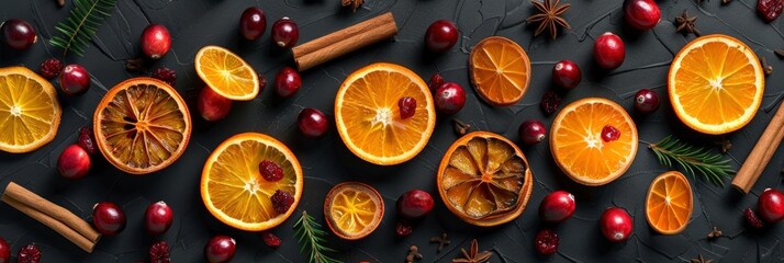 background with oranges, cinnamon and cranberries on black background for Christmas decoration, Banner Image For Website, Background, Desktop Wallpaper