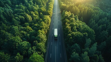 Aerial top view of car and truck driving on highway road in green forest. Sustainable transport. Drone view of hydrogen energy truck and electric vehicle driving on asphalt road through green forest