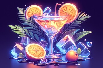 Vector illustration of colorful cocktail and fruit with tropical leaves on dark background