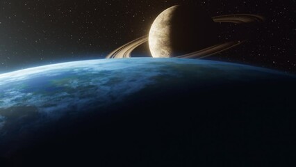 Wall Mural - the camera ascends from the shadow zone to the surface of a blue planet showing in the distance the 