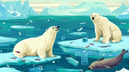 Wall Mural - Modern flyers of ocean pollution with cartoon illustration of wild arctic animals, waste and trash floating in the sea. Polar bear and seal on glacier and garbage floating in sea.