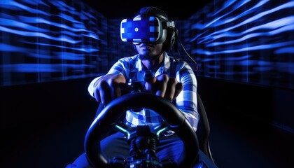 Gambling man wins in a virtual game, holding a joystick, wearing VR glasses, sitting on a chair on a dark blue background