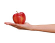 Hand holding red apple isolated on transparent layered background.