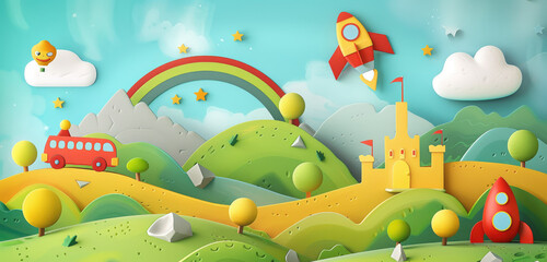 Wall Mural - A colorful background for an educational video with children's toys such as sand castles, blocks and wooden ships flying in the sky