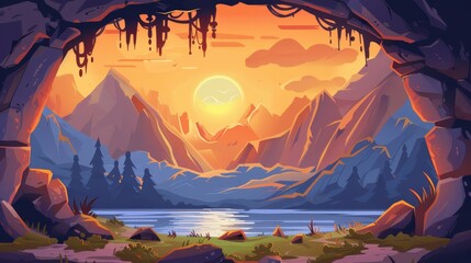 Wall Mural - A cave or stone arch with a view of the mountains and sunset. Modern cartoon illustration depicts a summer landscape with rocks, ledges, cavern entrances, high cliffs, and mountain peaks in the