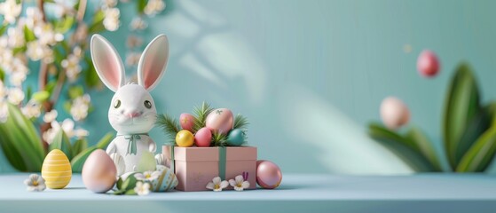 Sticker - Bunny in gift box with eggs on Easter day. 3D rendering.