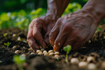 closeup of 2 hands planting a seed