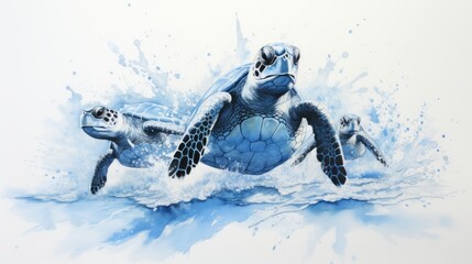 Wall Mural - Turtles against the background of blue water