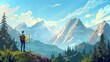 Traveler man with map stands in beautiful landscape looking at mountain peaks and forest. Travel adventure, hiking in the mountains. Tourist with backpack searching for way or orienteering. Modern