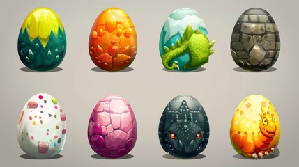 Wall Mural - Different eggshell textures on cartoon dragon eggs, Fairy tale game UI assets, colorful ovum design elements, colourful dinosaurs, reptiles, birds, monsters or Easter eggs, Modern illustration.