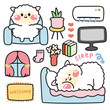 Set of cute sheep various poses in living room concept.Farm animal character cartoon design.Bed,book,sofa,television,air conditioner drawn collection.Home.House.Kawaii.Vector.Illustration