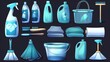 An illustration depicting household items and tools. Scoop, pail of liquid soap, detergent bottles, plunger, mop, rubber gloves, iron, bucket, and bucket in a box.