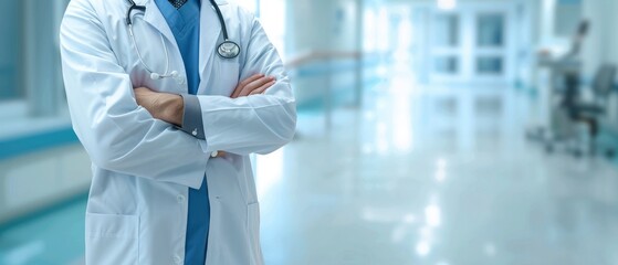 A doctor stands with his arms crossed, wearing a white coat and a stethoscope on a blue background.