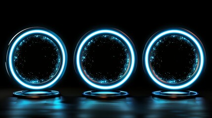 Wall Mural - Hologram effect of circle digital portals. Teleport platforms and futuristic podiums, isolated on black background.