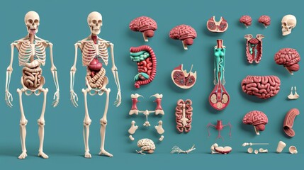 Anatomy of the human body as a modern illustration. Male skeleton, muscular system, circulatory system, nervous system, digestive system.
