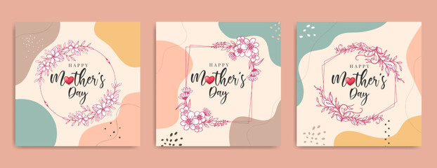 Wall Mural - Mother's day social media post, invitation card, gift and banner with hand drawn spring flower decoration. Mothers day greeting flyer with floral background. Women’s day holiday celebration poster.