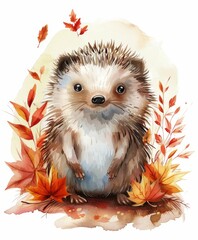 Wall Mural - little funny hedgehog autumn orange leaves falling. watercolor art illustration