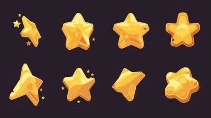 3D animated gold star sprite sheet. Bonus, gift, achievement icons in drawing and modern format. Modern illustration on white background with yellow shiny star spinning around.