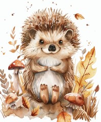 Wall Mural - little funny hedgehog autumn orange leaves falling. watercolor art illustration