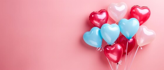 Wall Mural - Concept for Valentine's Day featuring heart balloons on a pastel pink background