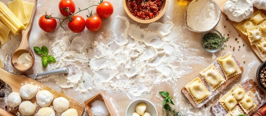 a wide banner featuring homemade uncooked specialty ravioli and gnocchi italian pastas on floured wo