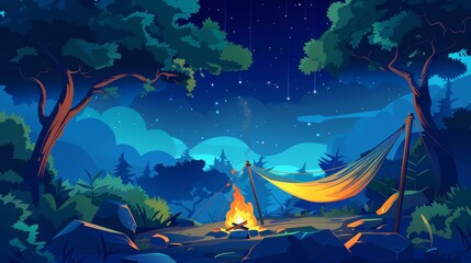 Wall Mural - Camp with tent, bonfire, hammock, stones, trees, bushes, stars in the sky, equipment for outdoor picnic. Modern illustration of dark forest landscape with stones, trees, bushes, equipment for outdoor