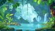 The Amazon jungle swamp is a cartoon illustration of a tropical scene with a water lake. Fantasy scene with a tree and liana. Rainy summer day in an Amazon rainforest.