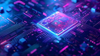 Futuristic blue and purple computer microchip processor board. Hardware core architecture technology, integrated device processing information, copy space