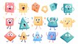 The set of geometric figure characters include rectangle, triangle, circle, trapeze, pentagon mascots with doodle elements singing, dancing, happy, sad events.