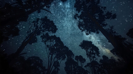 Dark black silhouette of forest trees and branches under the blue starry night sky. Evening galaxy, fantasy nature scene, outdoor astrophotography