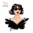 Beautiful brunette hair woman with red lips. Fashion sketch. Pretty girl in sunglasses. Fashion illustration 