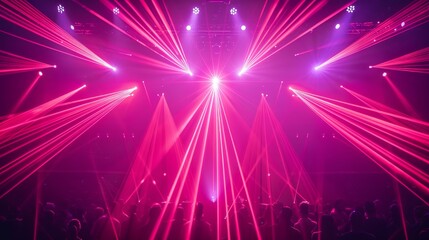 The abstract rendering shows 3d red light party laser effect on disco concert show in nightclub. The illustration displays a magic beam neon glow celebration theme. The illustration presents an