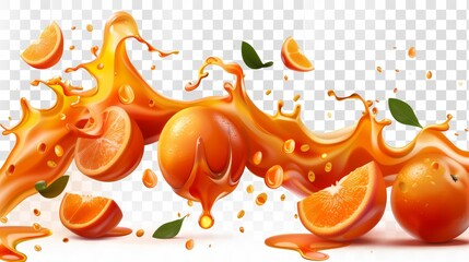 Wall Mural - Modern illustration of a red orange liquid fruit juice splash flow isolated on transparent background. Tomato smoothie falling swirl elements design.