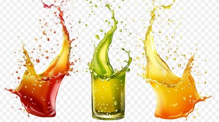 Wall Mural - An illustration of olive oil, lemonade, fruit juice, wine, beer, petrol, waves with droplets, isolated on a transparent background. Advertisement for vitamin drinks.