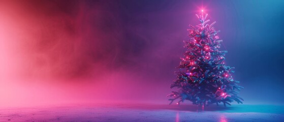 Canvas Print - Neon light background with Christmas tree. 3D rendering
