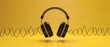 On a yellow background is a headphone with sound wave cable. This is a 3D rendering of the headphone