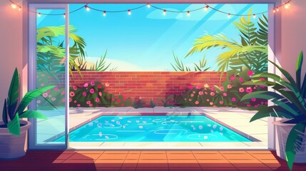 Wall Mural - The backyard swimming pool is behind an open glass door. This modern illustration shows a patio with wooden floor, tropical garden with palm trees and flowers, brick fence, garland lights, and a