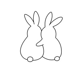 Wall Mural - Vector isolated two pair couple hugging rabbits back view colorless black and white contour line easy drawing