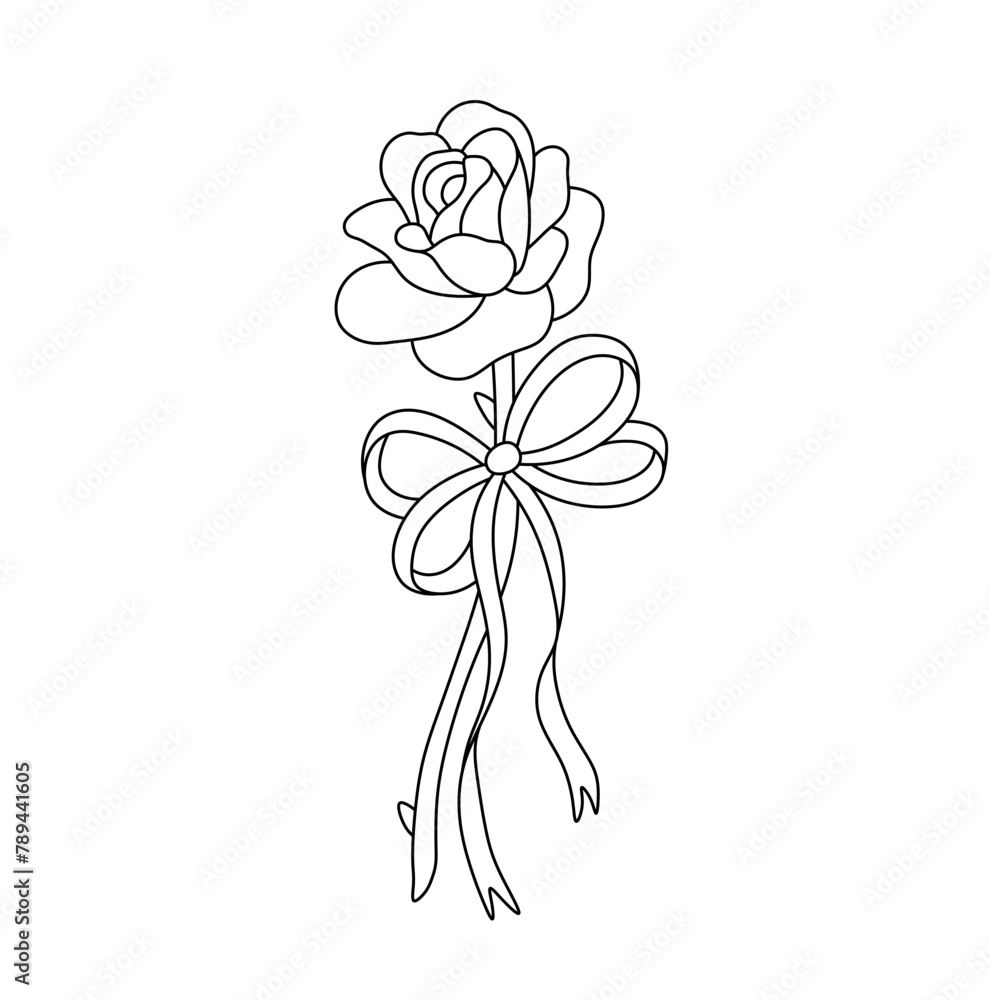 Vector isolated one single rose with ribbon bow on a stem colorless ...